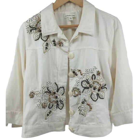 Coldwater‎ Creek Embroidered Beaded Cotton Linen Jacket White 10 - Picture 1 of 5